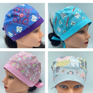 Dental surgical scrub cap, teeth scrub cap with buttons, tooth ponytail out hat, dental hygienist, dental assistant, dentist medical cap