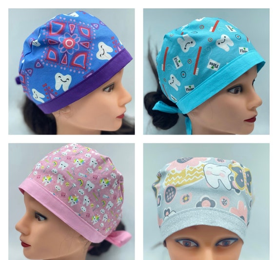Dental surgical scrub cap, teeth scrub cap with buttons, tooth ponytail out hat, dental hygienist, dental assistant, dentist medical cap
