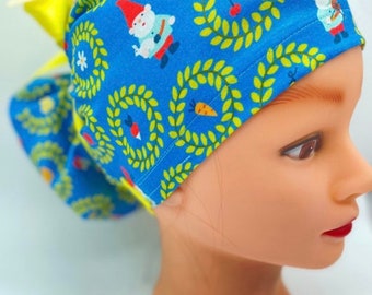 Gnome Scrub cap with buttons, euro holiday scrub cap, Christmas nurse bonnet, ponytail scrub cap, Christmas scrub hat