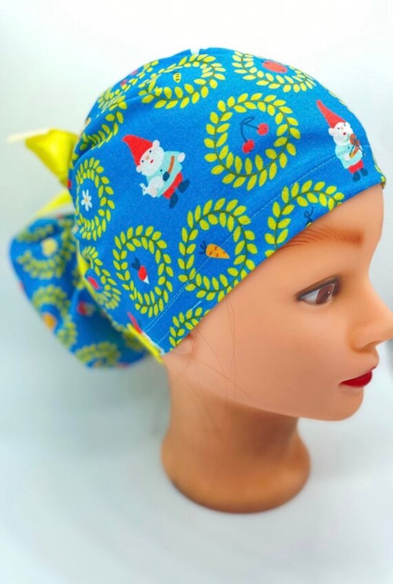 Gnome Scrub cap with buttons, euro holiday scrub cap, Christmas nurse bonnet, ponytail scrub cap, Christmas scrub hat