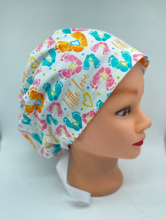Euro Labor and delivery cap, baby feet euro scrub cap , OBGYN scrub hat, scrub cap with buttons, NICU scrub cap, womens hair cover,nurse hat