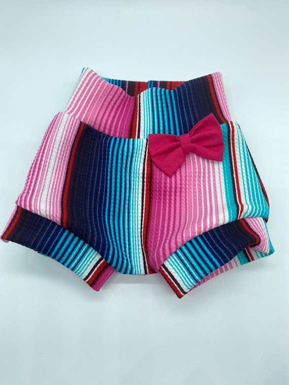 Serape Stretchy Baby bummies, baby shorts, cinco de Mayo baby shorts, pink fiesta bummies, Mexican baby girl clothing, serape baby clothing