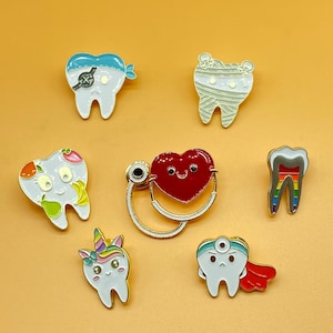 Tooth pin, teeth pin, pirate pin, dental assistant gift, dental hygiene pin, mummy pin, dental pin, heart pin, superhero pin.