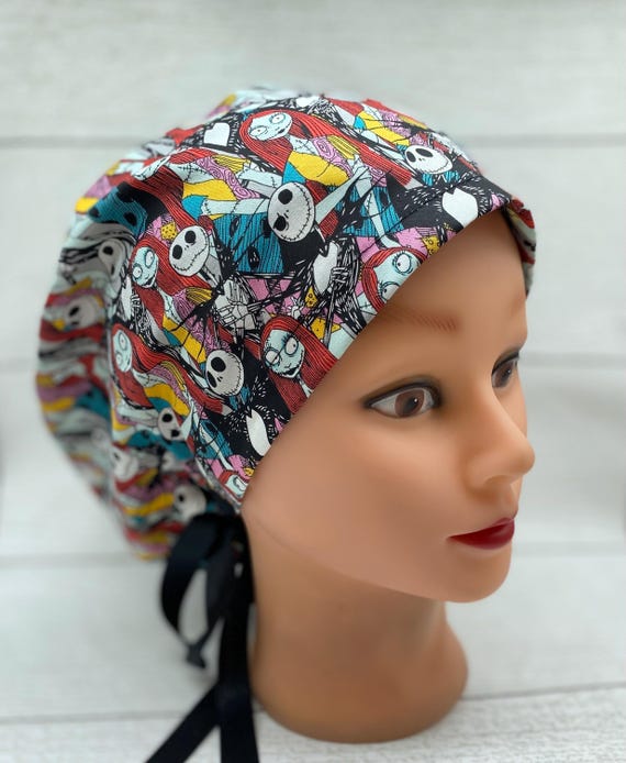 Jack skellington Euro scrub cap with buttons, pumpkin Jack and sally cap, Halloween scrub cap, scrub cap, nightmare before Christmas hat