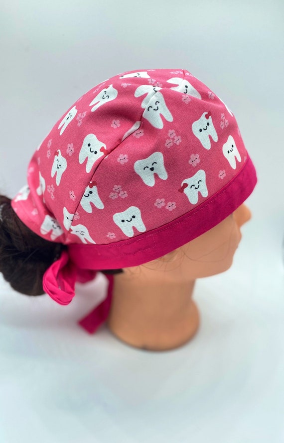 Personalized womens Pink with flowers dental Scrub cap with buttons, dental hygiene and dental assistant scrub cap, surgical scrub cap