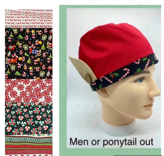 Elf ears scrub cap, holiday scrub cap, Christmas surgical scrub cap, womens holiday scrubcap with buttons, Christmas scrub hat for men