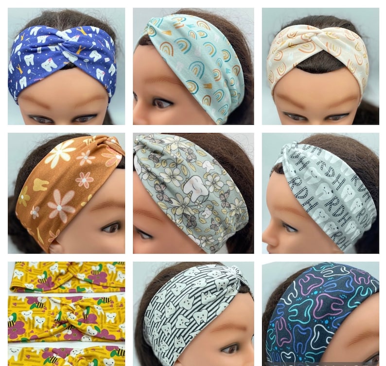 Boho Twist Dental headband made of soft comfortable cotton spandex. approximately 3 inches wide, two ways to wear. available with or without buttons.