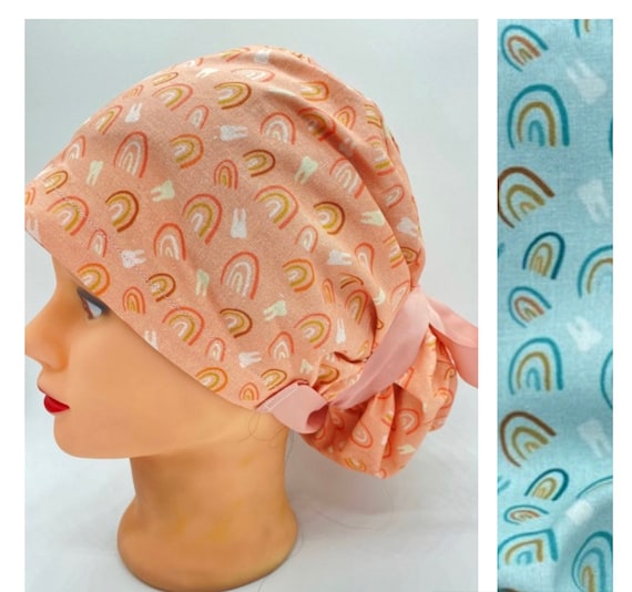 Sky blue bonnet scrub cap, ponytail scrub cap with buttons, dental boho scrub cap, womens scrub cap, dental cap, dental assistant gift