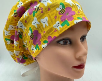 Yellow bees Euro scrub cap with buttons, dental grad gift, dental hygienist scrub cap, womens scrub cap, dental scrub cap, tooth scrub cap,