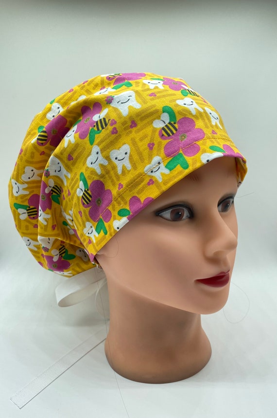 Yellow bees Euro scrub cap with buttons, dental grad gift, dental hygienist scrub cap, womens scrub cap, dental scrub cap, tooth scrub cap,