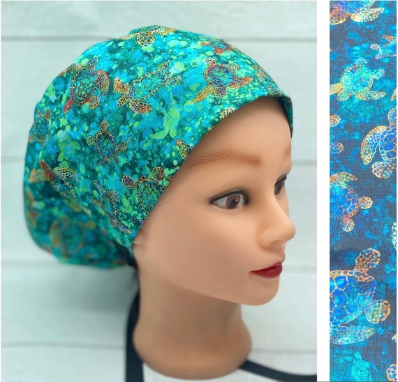 Euro Sea life turtle scrub cap, Amphibian scrub cap with buttons, Turtle nurse scrub cap, euro scrub cap, scrub cap, ocean scrub cap