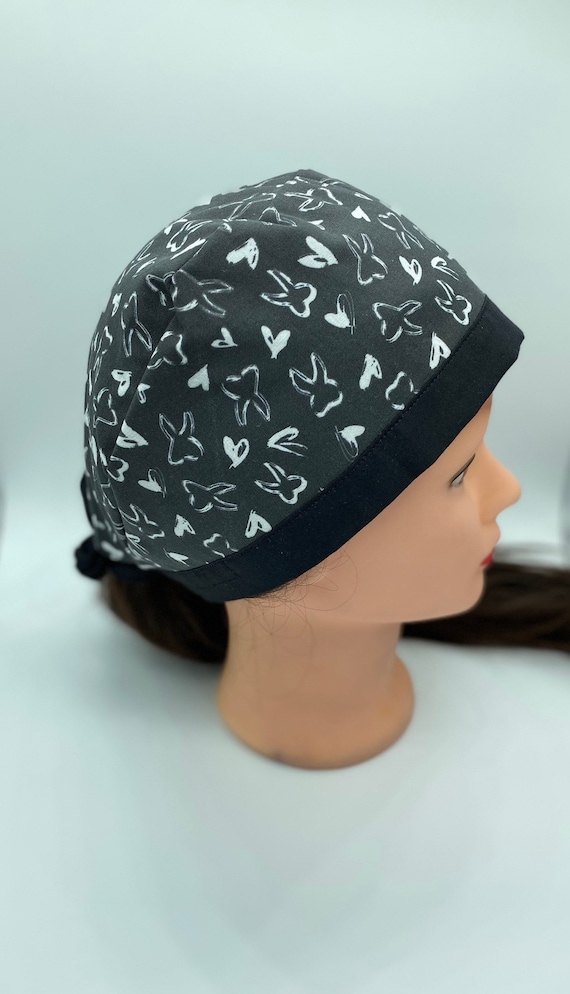 Black scrub cap, dental hygienist scrub cap, dental assistant scrub cap, womens scrub cap with buttons ponytail out cap, personalized cap