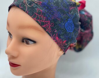 Gorro quirúrgico de Halloween con calaveras de azúcar, gorro de enfermera del Día de los Muertos, gorro quirúrgico de enfermera de Halloween, gorro quirúrgico con cola de caballo y botones, gorro dental