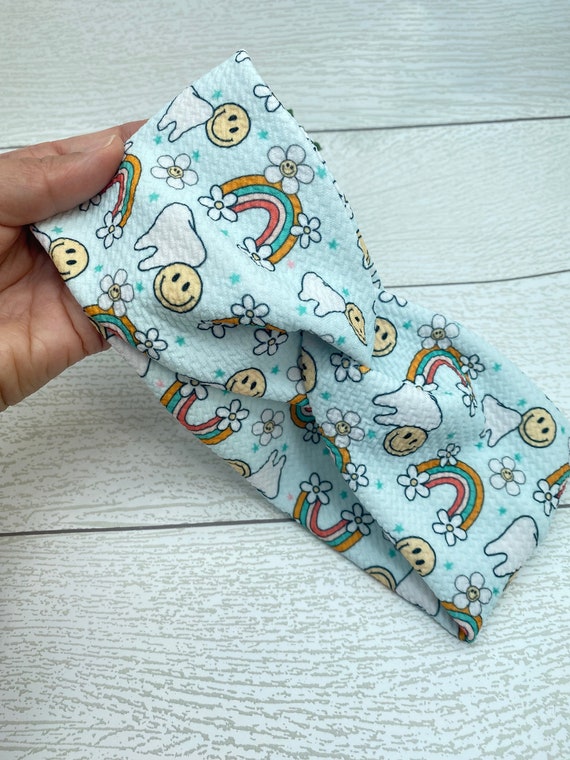 Rainbows and teeth Dental headband with buttons, dental hygienist twist headband, dental turban headband, dental graduation gift