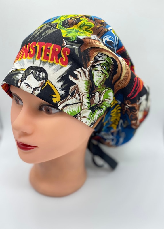 Halloween euro scrub cap with buttons, Dracula, Werewolf, Frankenstein, Mummy scrub cap, ponytail scrub cap, womems holiday hair cover