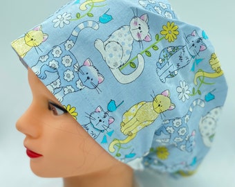 Cat scrub cap, pet scrub cap with buttons, pediatric nurse scrub cap, womens hair covering, cat lovers medical scrub cap, animal scrub cap,