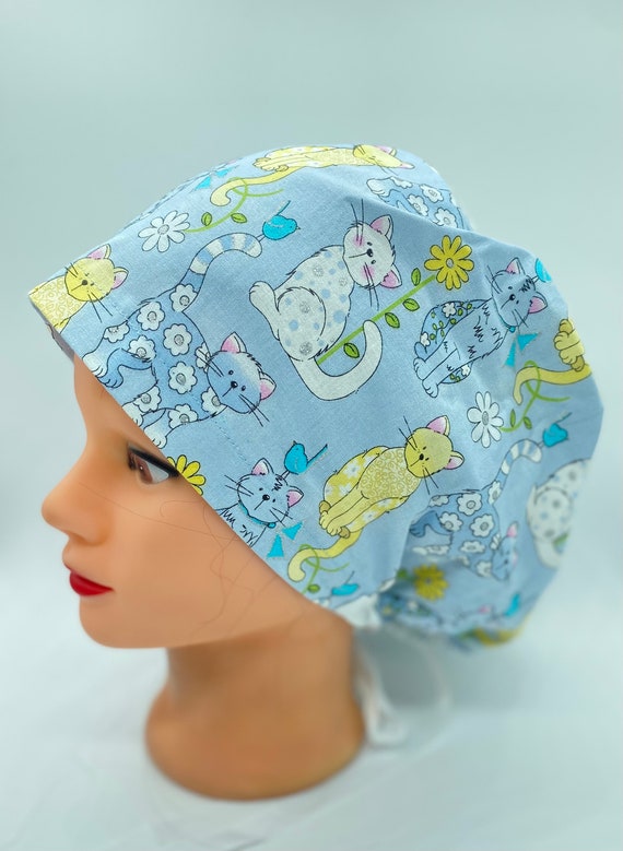 Cat scrub cap, pet scrub cap with buttons, pediatric nurse scrub cap, womens hair covering, cat lovers medical scrub cap, animal scrub cap,