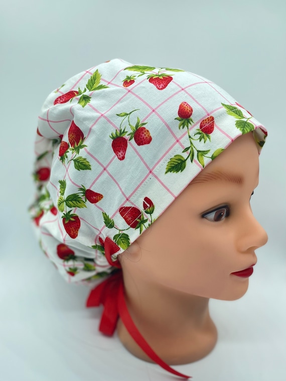 Strawberry scrub cap, euro scrub cap with buttons, nurse hair cover, nurses surgical scrub cap, nurse ponytail scrub cap, womens scrub hat