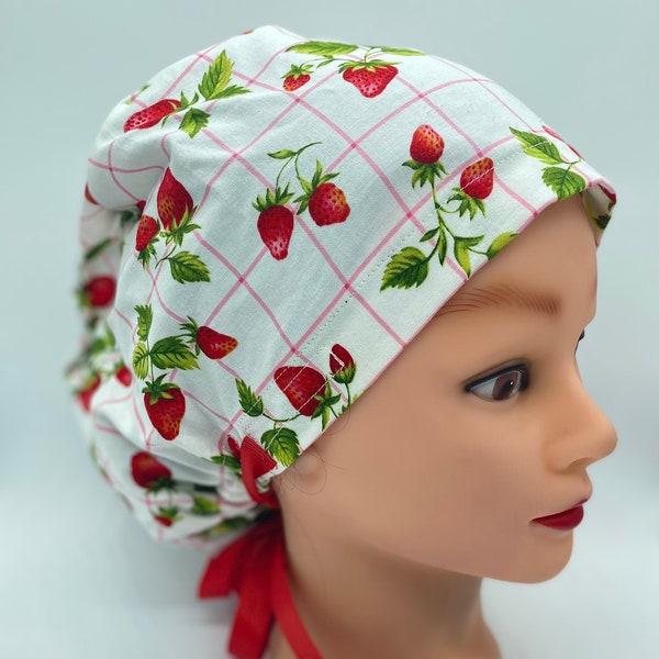 Strawberry scrub cap, euro scrub cap with buttons, nurse hair cover, nurses surgical scrub cap, nurse ponytail scrub cap, womens scrub hat