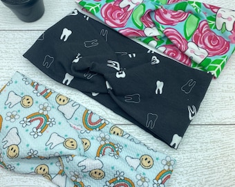 Wide Dental headband with buttons, twist headband, teeth headband, dental assistant gift, dental hygiene gift, tooth headband, boho headband