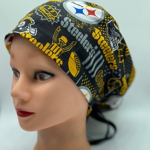 Pittsburgh Steelers Euro scrub cap, scrub cap for women, scrub cap with buttons, bonnet nurse surgical cap, womens hair cover