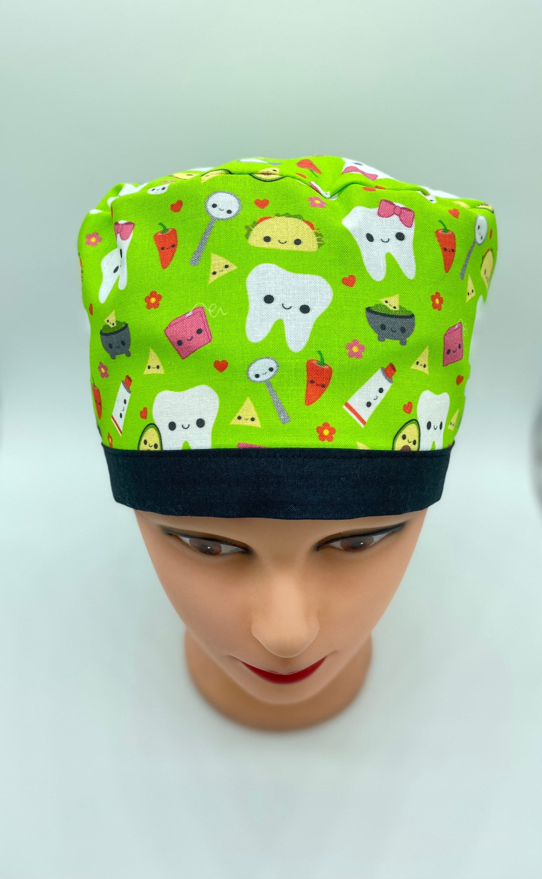 personalized dental taco and teeth scrub cap with buttons, dental