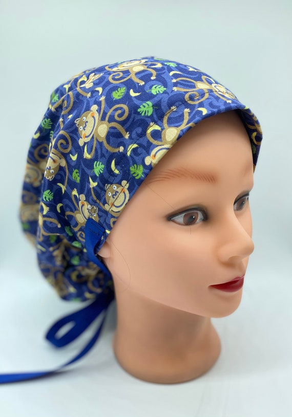 Euro Navy blue Monkey scrub cap, womens hair cover with buttons, nurses scrub cap with ribbon ties, scrub cap with buttons