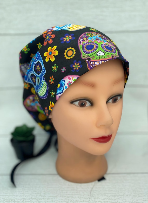 Sugar skull Halloween euro scrub cap with buttons, Day of the Dead womens scrub cap, Halloween ponytail scrub cap, Halloween nurse cap