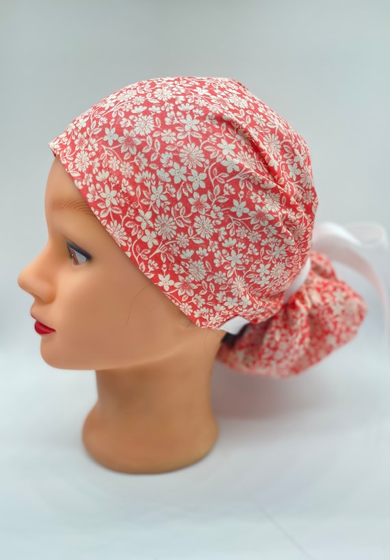 Mini flowers bonnet scrub cap, scrub cap with buttons, nurse ponytail scrub cap with buttons, medical hair covering, full coverage scrub cap