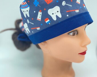 Dental scrub cap with buttons, dental hygiene scrub cap, skull cap 4th of July, teeth scrub cap, tooth scrub cap, dentist cap with buttons.