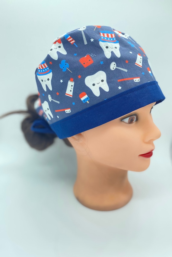 Dental scrub cap with buttons, dental hygiene scrub cap, skull cap 4th of July, teeth scrub cap, tooth scrub cap, dentist cap with buttons.