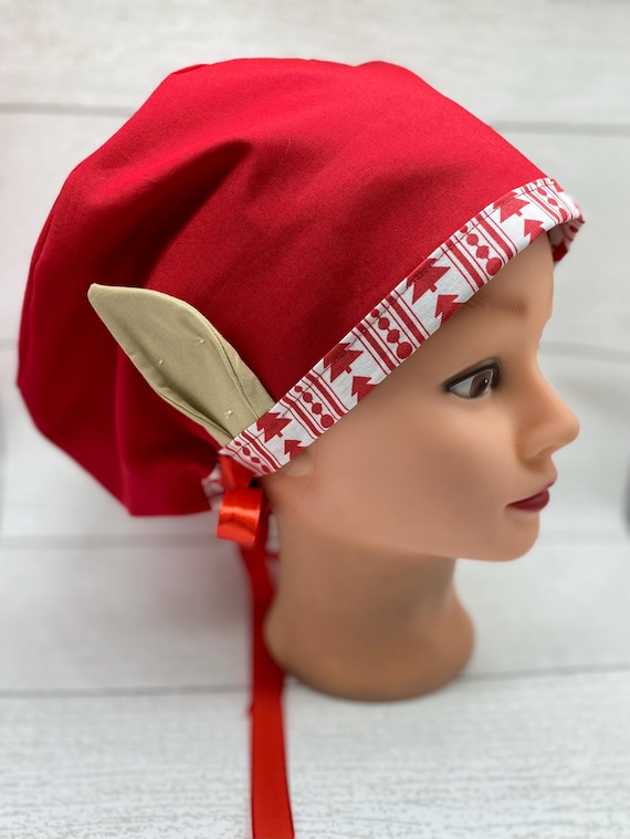 Elf ear Euro scrub cap, whimsical holiday scrub cap, Christmas scrub cap, winter scrub cap, holiday elf ears scrub cap with buttons