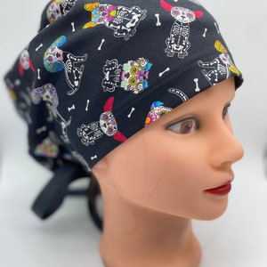 Halloween ponytail scrub cap, skeleton bonnet scrub cap with buttons, nurse Halloween cap, womens scrub cap, dental hygiene scrub cap