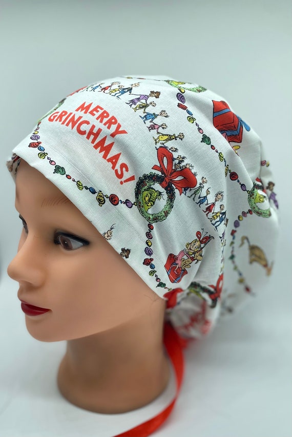 Grinch Euro scrub cap, holiday scrub cap, grinch scrub cap for women, Christmas scrub hat, womens nurse hair cover, Scrub cap with buttons