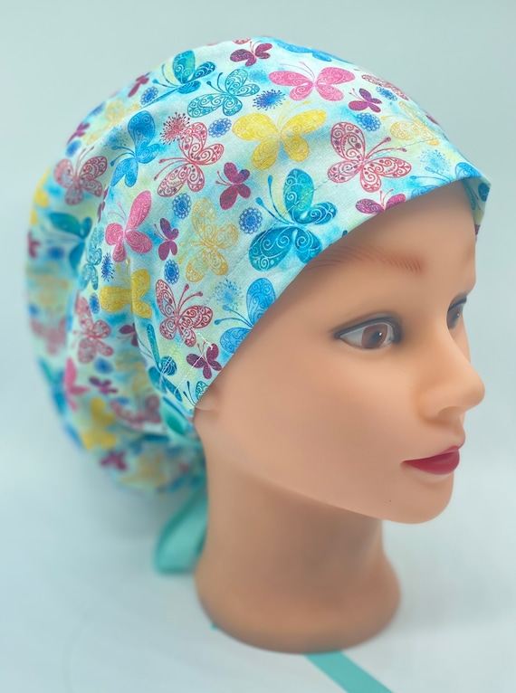 Butterfly scrub cap, nurse scrub cap with buttons, euro scrub cap, ponytail scrub cap, nurse hat, dental hygienist scrub cap