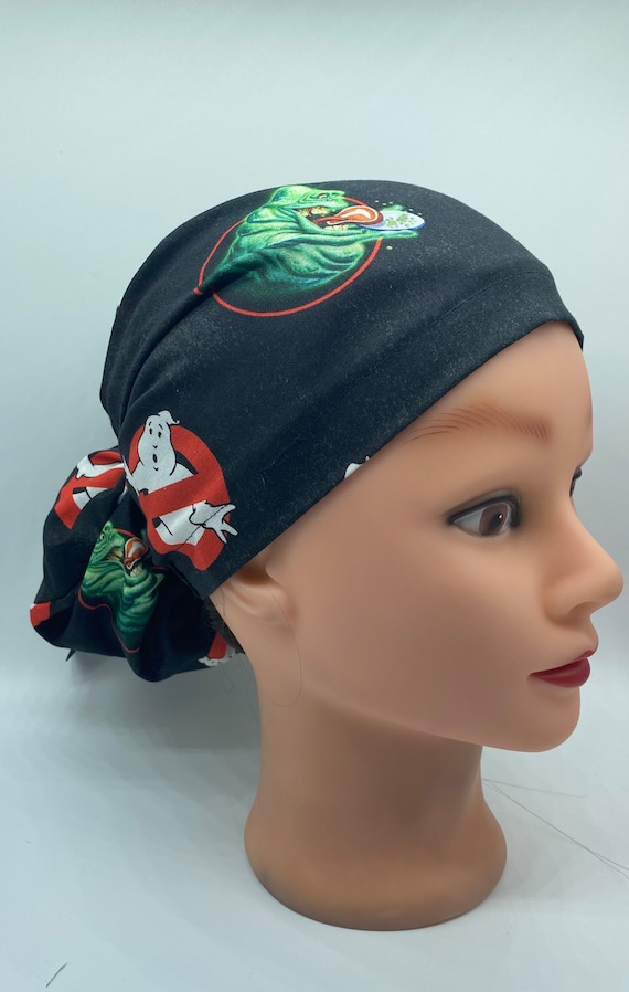 Ghost Halloween bonnet scrub cap with buttons, Halloween ponytail scrub cap with ribbon ties, ghost busters Halloween scrub cap, slimmer cap