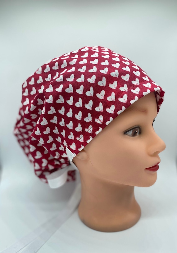 Valentine’s Day Euro scrub cap, red and white hearts nurse scrub cap with buttons, nurse womens scrub cap, full coverage scrub cap