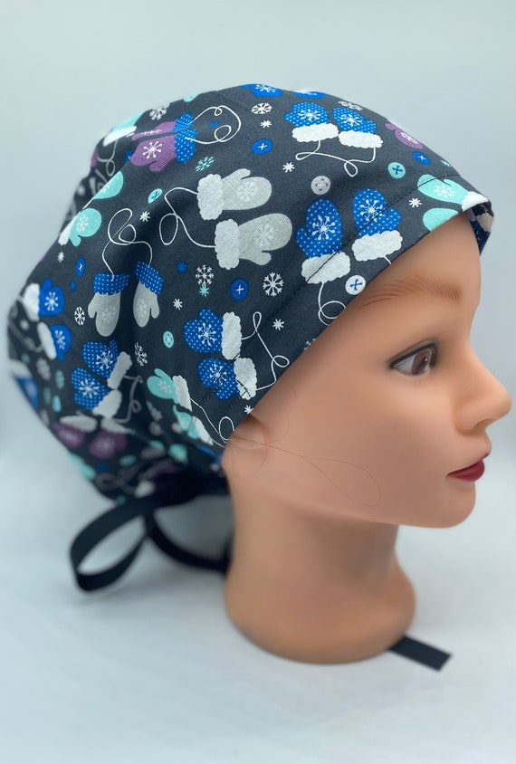 Mittens scrub cap, holiday scrub cap, Christmas bonnet scrub cap, Christmas scrub hat, winter scrub cap, ponytail scrub cap with buttons