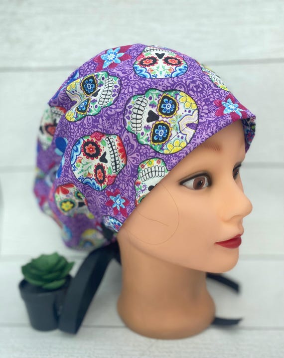 Sugar skull Halloween euro scrub cap with buttons, Day of the Dead womens scrub cap, Halloween ponytail scrub cap, Halloween nurse cap