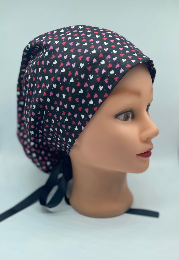 Valentines hearts euro scrub cap, nurse holiday scrub cap with buttons, womens scrub cap, nurse hearts scrub cap, womens hair cover