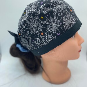 Halloween skull cap, Halloween surgical scrub cap, mens scrub cap, womens scrub cap with buttons, Halloween nurse scrub cap