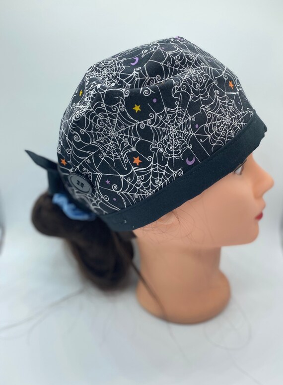Halloween skull cap, Halloween surgical scrub cap, mens scrub cap, womens scrub cap with buttons, Halloween nurse scrub cap