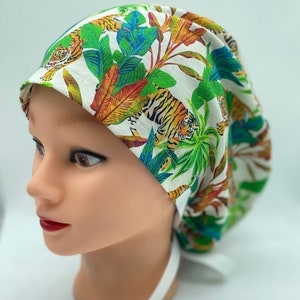 Tiger euro scrub cap, dental hygienist scrub cap with buttons, nurses scrub cap with ribbon ties, safari scrub cap, jungle themed scrub cap