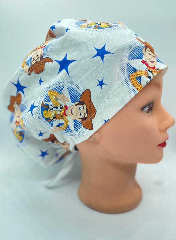 Toy story scrub cap, woody scrub cap with buttons, nurse scrub cap Pediactrics, womens hair covering, medical scrub cap, NICU nurse cap