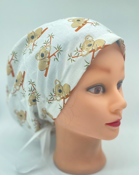 Koala scrub cap, animal scrub cap with buttons, nurse scrub cap, womens hair cover, medical scrub cap, euro scrub cap, ponytail scrub cap