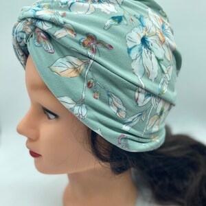 flowers turban Chemo cap, beanie head covering, women’s soft chemotherapy cap, chemo cap, womens beanie, alopecia hat, green turban cap