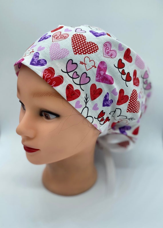 Euro Valentines scrub cap, nurse holiday scrub cap with buttons, hearts scrub cap, full  coverage scrub cap, medical hair cover for women