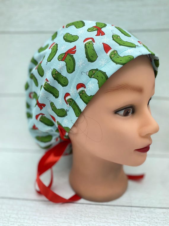 Christmas pickle Euro scrub cap, holiday scrub cap, Santa scrub cap, womens hair cover, scrub cap with buttons, nurse scrub cap