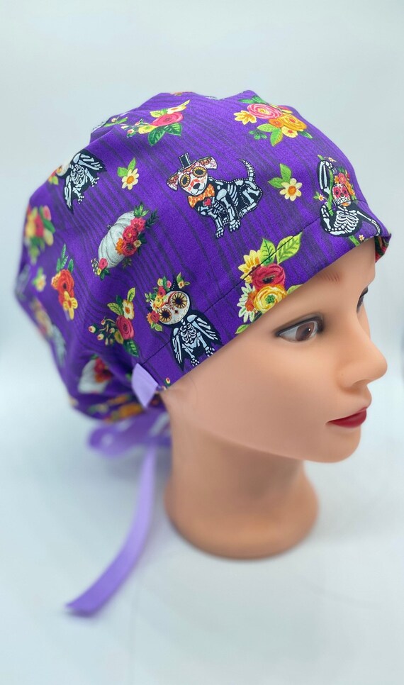 Halloween skeleton bonnet scrub cap with buttons, purple Halloween head covering, dog ponytail scrub cap, pet scrub cap