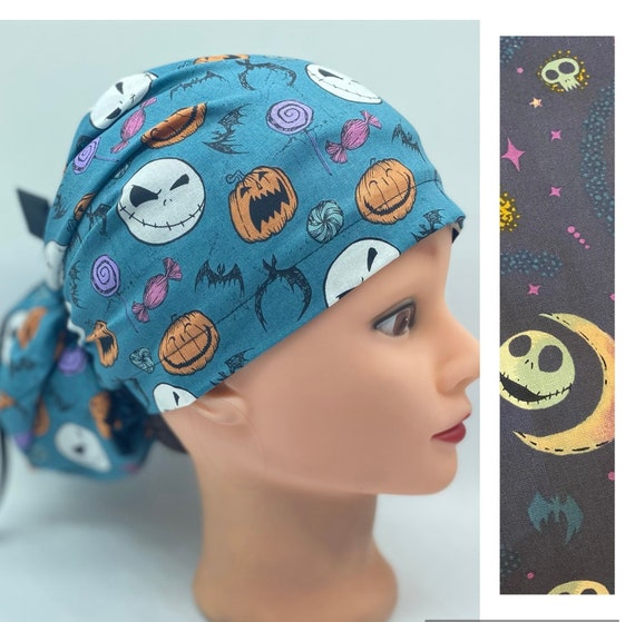 Jack skellington euro scrub cap with buttons, pumpkin Jack ponytail scrub cap, nurse Halloween scrub cap, holiday scrub cap, medical cover